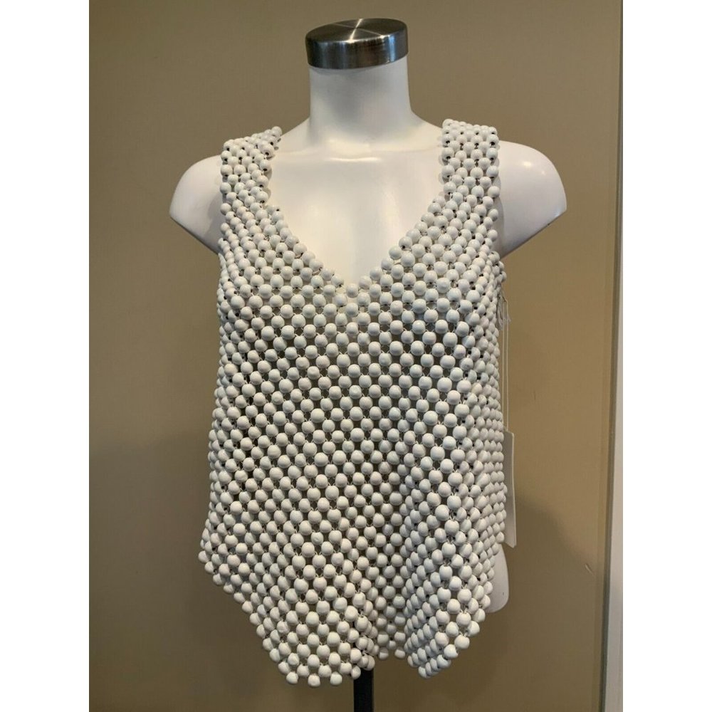 Edun White Wooden Bead V-Neck Tank Top W/ Side Zip Entry, Size O/S, NWT!